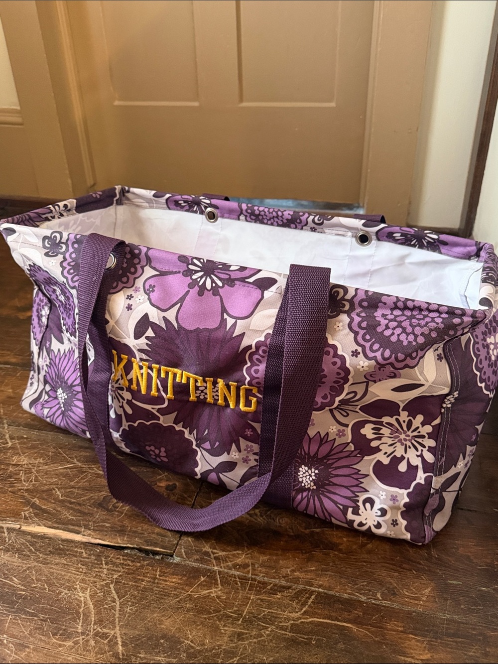 Thirty-One Large Utility Tote Personalized KNITTING Plum Awesome Blossom